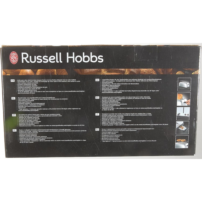 Тостер Russell Hobbs 2-слотовий довгий слот для 4 скибочок/2 широких скибочок хліба Victory Stainless Steel (надзвичайно широкі отвори для тостів, насадка для булочки, 6 рівнів підрум'янювання функція розморожування та розігріву) 23520-56