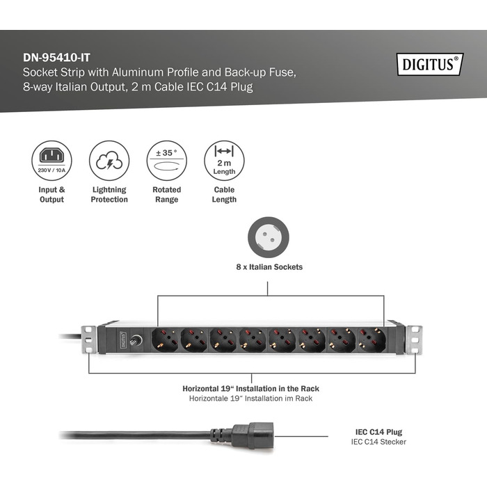 Подовжувач живлення DIGITUS 19 - - 1U - 250 В змінного струму - 50/60 Гц - 16 А - 4000 Вт (8 кранів, попередній запобіжник, ІТ-версія)
