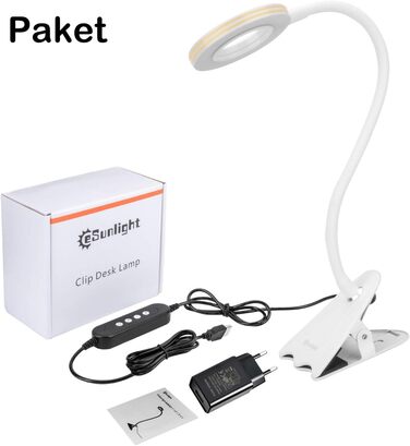 Письмовий стіл CeSunlight 10W Clamp Lamp, світлодіодна лампа для читання як приліжкова лампа, тепле світло, денне та біле світло 3 кольори, 10 режимів освітлення з регулюванням яскравості (адаптер у комплекті)