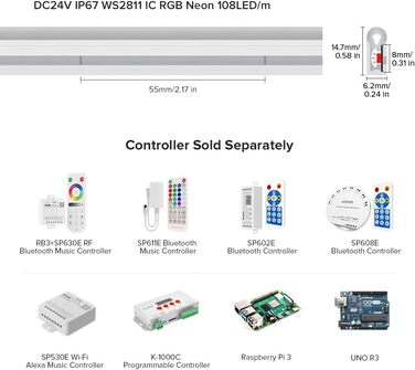 Адресна неонова світлодіодна стрічка WS2811 IC DC24V 5M 108 світлодіодів/м 14 Вт/м IP67 Водонепроникна світлодіодна стрічка Dream Color Ефект ходового світла для прикраси стін своїми руками Прикраса будинку (лише стрічка) Rgb (з Ws2811 Ic) DC24V 5M 108 св