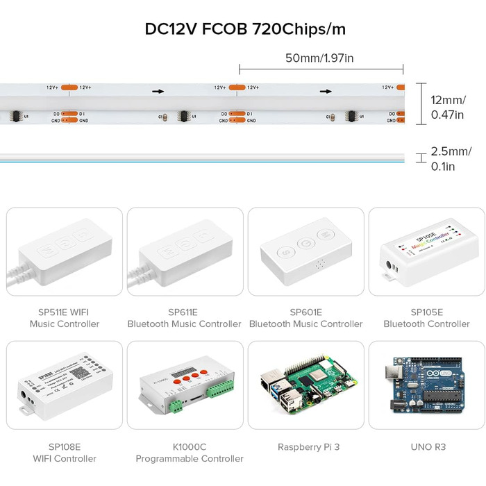 Гнучка світлодіодна стрічка високої щільності COB WS2811 IC світлодіодна стрічка 5M 630 світлодіодів/м 14 Вт/м DC24V IP30 Карбування кольору Прикраса своїми руками (не контролер вмісту та блок живлення) (Біла друкована плата, DC12V 5M 720 світлодіодів/м)