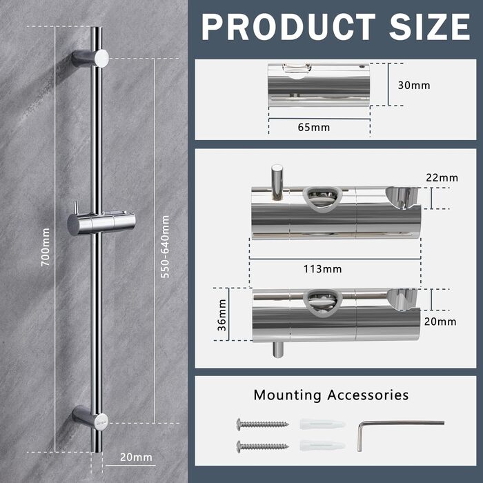 Душова штанга з нержавіючої сталі DETBOM 70 см, душова штанга з кронштейном душової лійки на 360, що обертається та регулюється, душова планка зі змінними настінними кріпленнями для змінних для адаптації до існуючих отворів для свердління - хромований хро