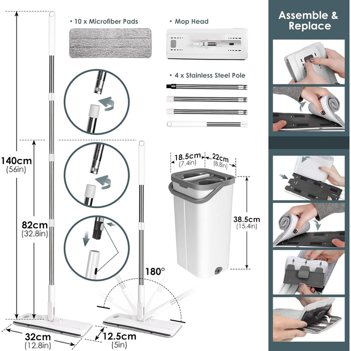 Набір швабри та відра Myiosus, мікрофібра, плоска швабра для вологого та сухого прибирання, з 10 багаторазовими насадками, ручка з нержавіючої сталі 140 см, ламінат, паркетна підлога Білий набір швабр з відром