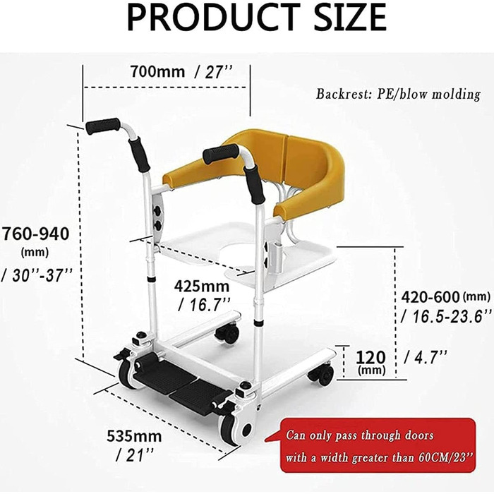 Крісло для перенесення пацієнта для дому, ручне крісло для ванної кімнати з розділеним сидінням на 180 для людей похилого віку, універсальне колесо 360, повітря для ванної кімнати 120 кг/265 фунтів (bl Базовий Ed Bl Базове видання