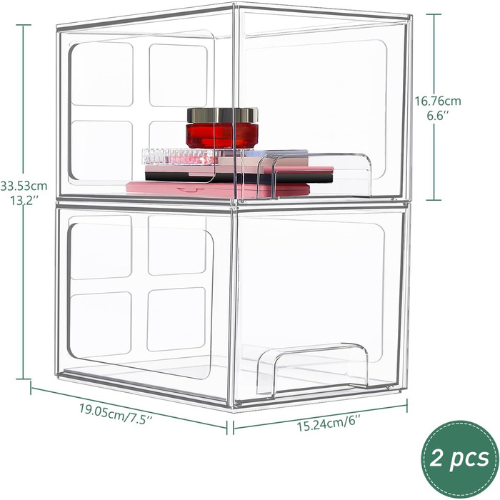 Шухляди косметичного органайзера Greentainer, штабельований прозорий акриловий органайзер для макіяжу, 2 шт. и Ящик столу для зберігання туалетного столика, ванна кімната, спальня Дві високі коробки