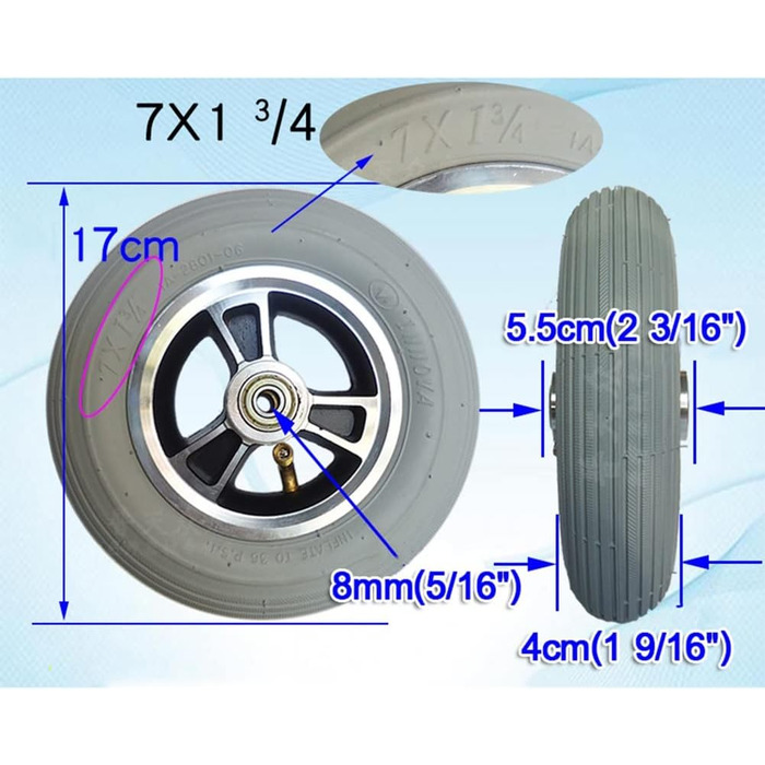 Пневматичні колеса поворотні ролики для інвалідних візків, нековзні передні колеса 7 дюймів, підшипники 8 мм, 2 шт. и/сірий/7X1 3/4 7X1 3/4 сірий, 7X1 3/4