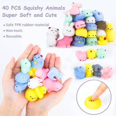 М'які іграшки Mochi Squishy Toys 40 Pcs Moji Fidget Toy, Kawaii Animal Squishies Party Bags Filler Stress Relief Toy для дітей дорослих Різдво Подарунок на День Народження 40 Шматків