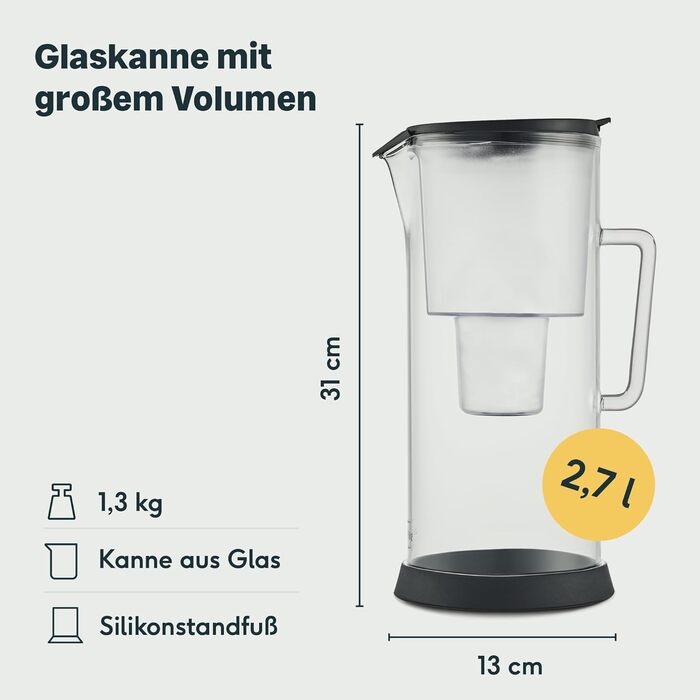 Фільтр для води SILBERTHAL Скляний графин 2,7 літра - Сумісний з Maxtra - Зменшує вапняний наліт і хлор у питній воді Фільтр-глечик для води 2,7л