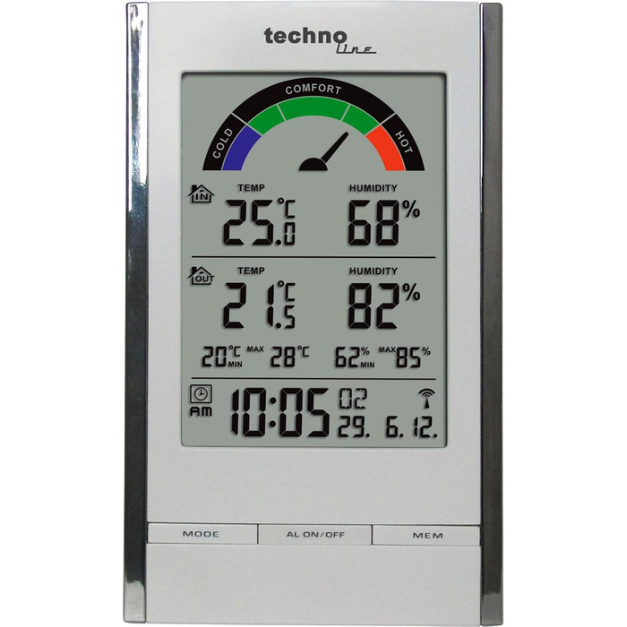 Сучасна метеостанція Technoline WS 9480 з радіокерованим годинником, індикатором температури в приміщенні та на вулиці, а також індикатором вологості в приміщенні та на вулиці і кольоровим індикатором комфорту, глянцевий білий-хром, 9,2 x 4,5 x 15,2 см Wh