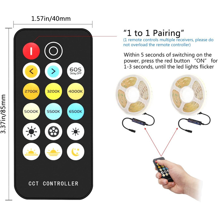 Світлодіодна стрічка PAUTIX COB CCT Теплий білий Холодний білий, 5M 3200 світлодіодів з можливістю затемнення 2700K-6500K 24V Набір світлодіодних стрічок з джерелом живлення та радіочастотним пультом дистанційного керування для спальні Кухня Телевізор Дзе