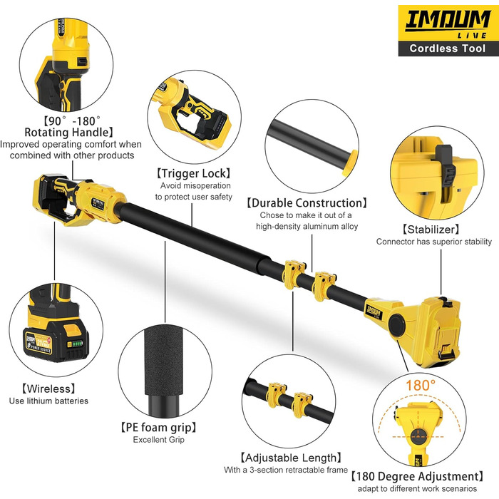 Модифікація 2023, поворотна подовжувальна штанга 90/180, акумуляторна пила з телескопічною подовжувальною штангою 4,6-9 футів, сумісна з бензопилою/ножицями для дерева/електричною дрилем IMOUMLIVE