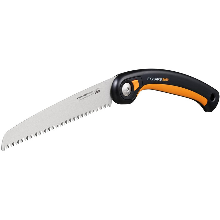 Складна пила Fiskars Plus, для товстих колод і гілок, 3 положення різання, гостре лезо з електроприводом, груба зубчастість, довжина леза 21 см, чорний/помаранчевий, пила SW69, 1067553 (полотно 20 см)