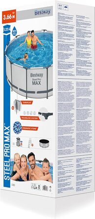 Каркасний басейн Bestway Steel Pro MAX Повний комплект з фільтруючим насосом Ø 366 x 122 см, світло-сірий, круглий одинарний