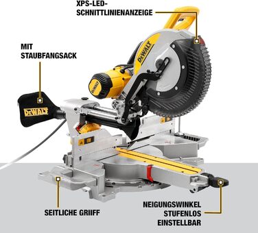 Панельна пила DEWALT 1675 Вт DWS780 у комплекті з аксесуарами - З твердосплавним полотном 305x30 мм ідеально підходить для внутрішніх робіт - Висока продуктивність різання та світлодіодний індикатор лінії різання, DWS780-QS, жовто-чорний, DEWALT DWS780-QS