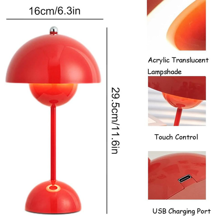 Світлодіодна настільна лампа Asslye Бездротова батарея, настільна лампа з сенсорним затемненням у вазоні, сучасна грибна лампа з 3 кольорами, акумуляторна лампа для квітника для спальні, вітальні, ресторанів, офісу (червоний)