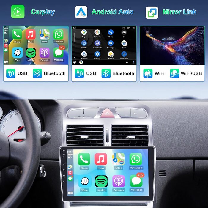 Автомобільна стереосистема для Peugeot 307 2007-2013 Carplay Android автомобіль, радіо 9-дюймовий сенсорний екран Радіо Bluetooth HiFi GPS навігація WiFi Mirror Link FM RDS камера 2 Din екран для Peugeot 307 (4G 64G)