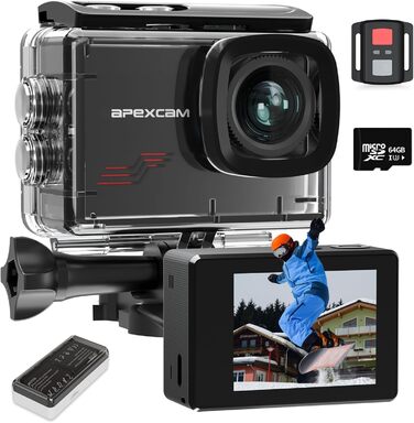 З картою 64G Action Cam 4K60FPS 48MP WLAN Спортивна камера Підводна камера 40 м Водонепроникна 170 Широкий кут 2.4G Пульт дистанційного керування 2x1350mAh Батареї з комплектом для кріплення, 80