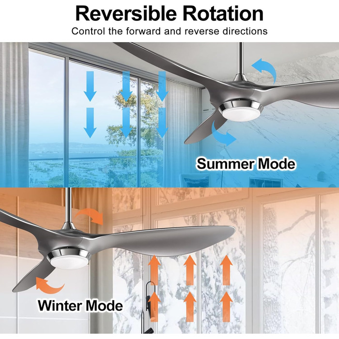 Стельовий вентилятор Reiga з підсвічуванням і пультом дистанційного керування 132 см, стельовий вентилятор з 3 горіхово-коричневими листям, таймер, літо-зимова робота, розумний стельовий вентилятор Alexa для спальні та вітальні (сріблястий)