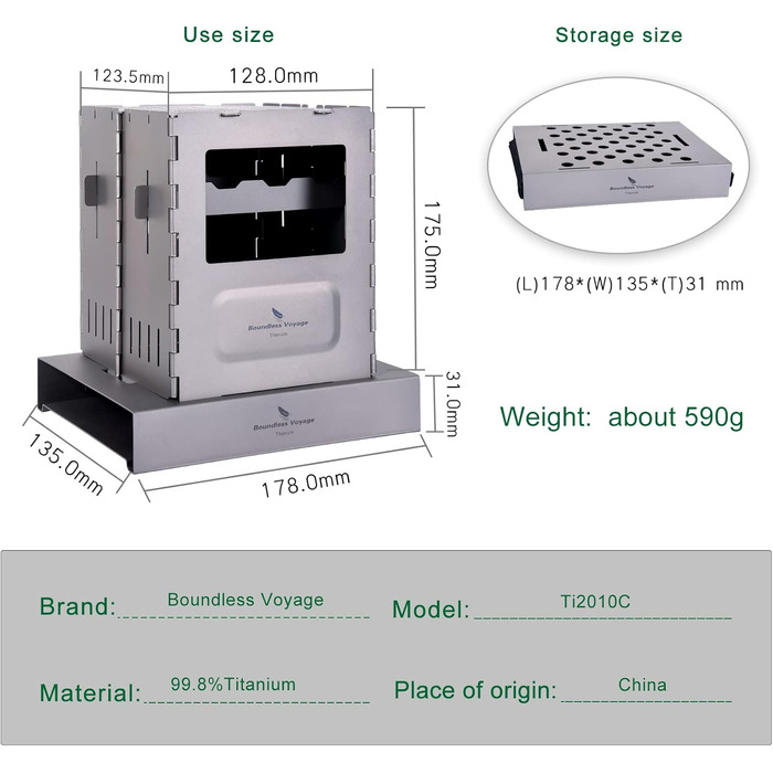 Туристична плита Boundless Voyage, портативна, розбірна, титанова плита, дров'яна плита, легка, компактна, міцна, для туристичних рюкзаків, походів, подорожей, барбекю Ti2010C