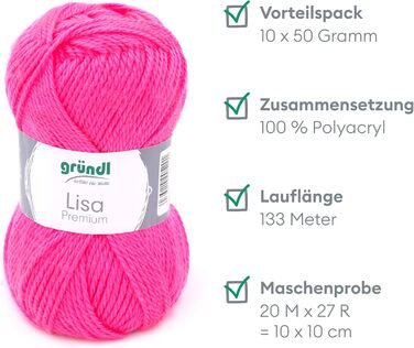 Пряжа Grndl Lisa Premium Uni Knitting & Chet Yarn (м'яка і вовняна характер, проста в догляді миється трикотажна пряжа з 100 поліакрилу, 50 г/ 133 м, розмір голки 3,5 - 4,5, 10 клубків по 50 г кожен), (неоново-рожевий)