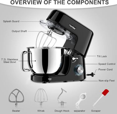 Машина для замішування кухонного комбайна Homlee 1800 Вт, кондитерська машина з чашею з нержавіючої сталі 7,2 л, 6 швидкостей зі зниженим рівнем шуму, багатофункціональна з віночком, гачком для змішування, гачком для тіста, захистом від бризок чорний