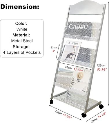 Переносна стійка для журналів на колесах, 4-шарова L-подібна стійка для літератури, підлогова, для приймальні, зали очікування (Колір білий) Білий