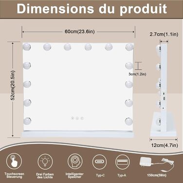Дзеркало для макіяжу Teousev з підсвічуванням, голлівудське дзеркало 60x52 см з 17 світлодіодними лампочками, дзеркало для макіяжу з регулюванням яскравості 60L x 52B см біле