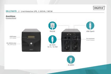 Система безперебійного живлення DIGITUS OnLine - 3 кВА / 3 кВт - 19-дюймовий монтаж 2U - Технологія справжнього подвійного перетворення - джерело безперебійного живлення - чорний (лінійно-інтерактивний, 1500 ВА / 900 Вт)