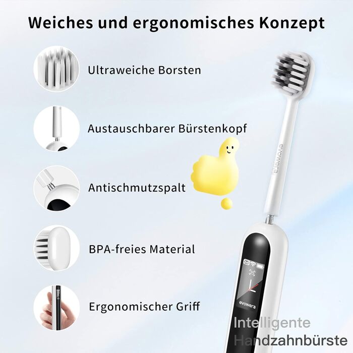 Розумна ручна зубна щітка, визначення нечищених ділянок і сили натискання, додаток для тренування, кольоровий дисплей, сумісність з WLAN, м'які щетинки, таймер, функція повідомлення, біла Зубна щітка для дорослих Adult White