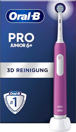 Електрична зубна щітка Oral-B Pro Junior для дітей від 6 років, датчик тиску, 3 режими чищення в т.ч. чутливий для догляду за зубами, м'яка щетина та таймер, дизайн Braun, фіолетовий фіолетовий