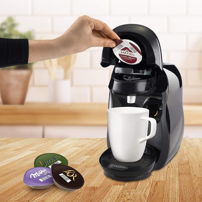 Капсульна машина Bosch Tassimo Happy TAS1002 кавоварка by, 70 напоїв, повністю автоматична, підходить для всіх чашок, компактна, 1400 Вт, чорний/антрацит