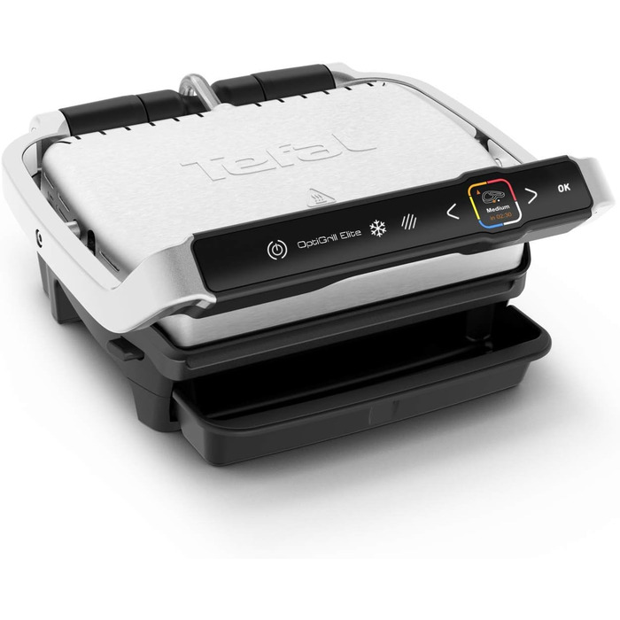 Контактний гриль Tefal OptiGrill Elite, 12 програм, Цифровий дисплей з індикатором рівня приготування, Знімні пластини, Електрогриль, Нержавіюча сталь, GC750D16