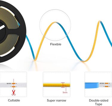 Світлодіодна стрічка FCOB COB гнучка тепла біла високої щільності 3000K 480 світлодіодів/м 7 Вт/м 16,4 FT/5 М DC12V шириною 5 мм Світлодіодне світло з можливістю затемнення CRI90 Рівномірна яскравість для прикраси своїми руками (не контент, джерело живлен