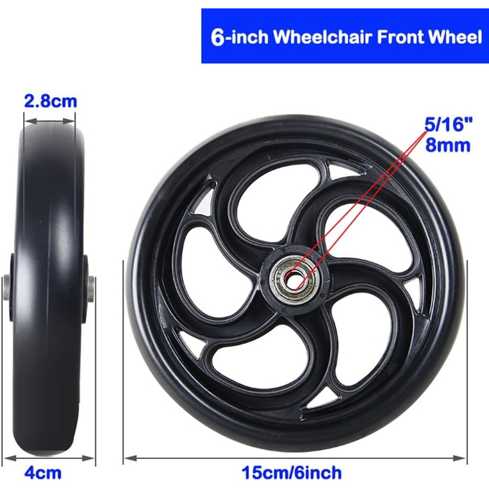 Колеса для інвалідного візка, 5 дюймів/6 дюймів/8 дюймів, запасне колесо для ходунків, передні колеса для інвалідного візка, ролики для візка, чорні протиковзкі колеса, 2 шт. и (розмір 6 дюймів/15 см) Один колір 6 дюймів/15 см