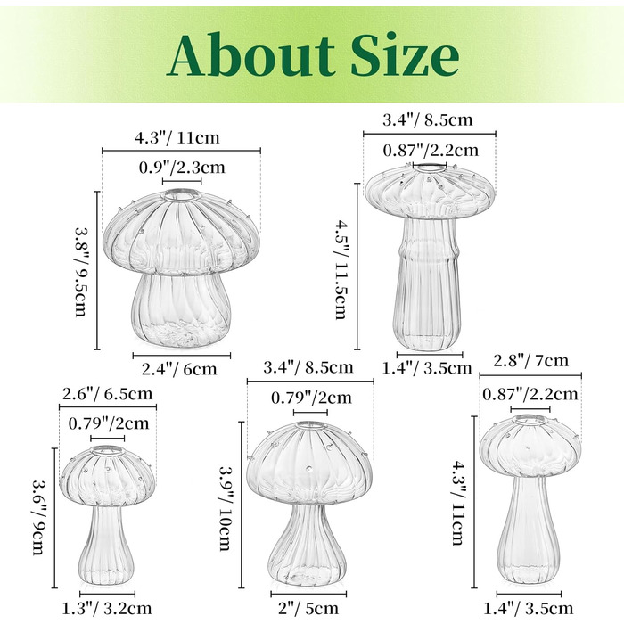Скляна ваза грибний декор прозорий Hewory 5 шт. гриб поганка маленькі вази для прикраси столу, міні вази набір скляні вази деко естетична ваза для вітальні сучасна спальня Cottagecore деко грибний декор 5 шт. прозорий