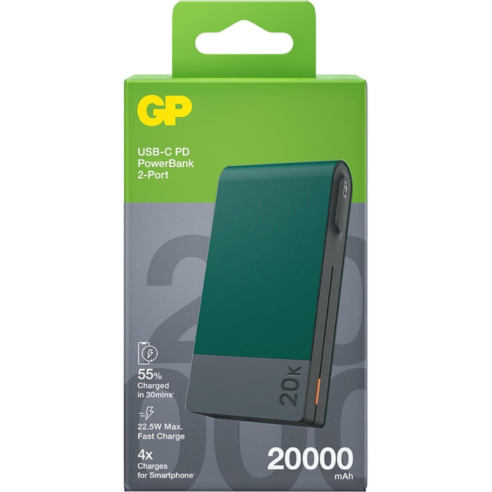 Зовнішній акумулятор 20 000 мАг GP Power Bank з великою ємністю, портативний зарядний пристрій з портом USB типу C швидка зарядка 3 пристроїв одночасно Синій