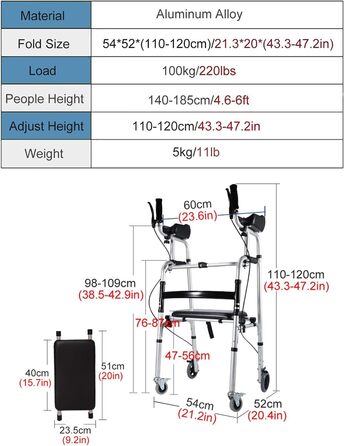 Допоміжні засоби для ходьби Допоміжний засіб для ходьби для людей з обмеженими можливостями/людьми похилого віку з підтримкою передпліччя, гальмами та сидінням, розбірний алюмінієвий ролик/рухомий мобільний допоміжний засіб для ходьби, навантаження 150 кг