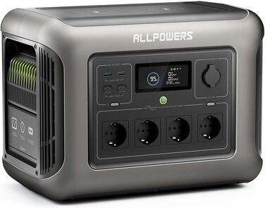 Портативна електростанція ALLPOWERS R1500, батарея LiFePO4 1152 Втгод із сонячним генератором змінного струму потужністю 1800 Вт (пікова потужність 3000 Вт), безшумне мобільне аварійне джерело живлення 43 дБ для подорожей у саду для вечірок і кемпінгу