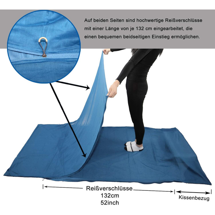 Спальний мішок BROWINT з шовку/бавовни, дорожній спальний мішок з подвійною блискавкою та відділенням для подушки, надширокий спальний мішок для хостелів 220 см х 110 см, легкий, компактний та дихаючий темно-синій Lnlay