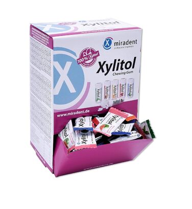 Жувальна гумка miradent Xylitol Об'ємна коробка 200 шт. веганська жувальна гумка з ксилітом Жувальна гумка для догляду за зубами для дітей та дорослих без аспартаму, сорбіту, лактози, діоксиду титану Профілактика карієсу без цукру