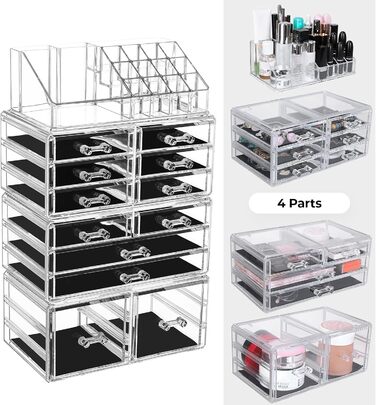 Органайзер для макіяжу з 12 ящиками, велика коробка для зберігання косметики, коробка для зберігання косметики, штабельований косметичний органайзер, акрилове сховище для макіяжу, для спальні та ванної кімнати, прозорий