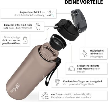 Пляшка для води 720DGREE 1 л Sport 'uberBottle softTouch Ситечко - Без BPA - Пляшка для води для універу, роботи, фітнесу, велосипеда, активного відпочинку, роботи - спортивна пляшка з тритану - легка, ударостійка, багаторазова (1500 мл, нуга коричнева - 