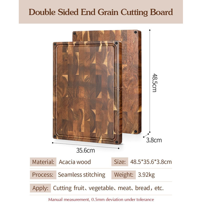Велика товста обробна дошка з акацієвого дерева 48,5x35,6x3,8 см, двостороння з нековзними ніжками, вбудованими ручками та жолобком для соку