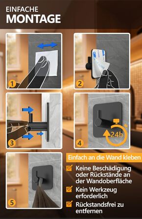 Рушникосушка без свердління - 6 шт. чорних гачків для рушників для ванної з нержавіючої сталі як практичні клейкі гачки - високоякісні гачки самоклеючі, настінні гачки, класичний дизайн набір з 6 чорних, 4smile