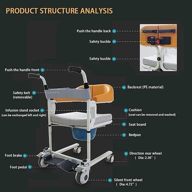 Крісло для перенесення пацієнта багатофункціональний допоміжний засіб для перенесення для людей похилого віку для домашнього використання сидіння для ліжка біля ліжка хворого Портативні туалети комплект допомоги людям похилого віку