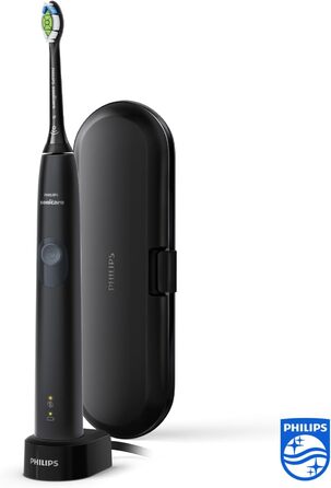 Електрична зубна щітка Philips Sonicare ProtectiveClean 4300 - звукова зубна щітка з насадкою для щітки W2 Optimal White, дорожнім футляром і зарядною док-станцією, чорна (модель HX6800/87)