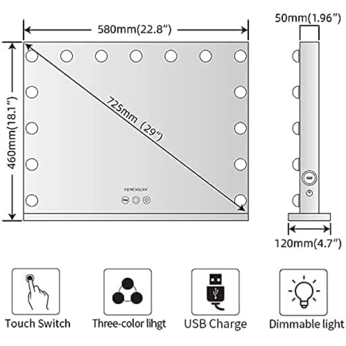 Голлівудське дзеркало для макіяжу FENCHILIN з вихідним портом USB Type C, 3 режими, дзеркало з регульованою яскравістю, голлівудське дзеркало з підсвічуванням 15 світлодіодних ламп Настільне дзеркало для макіяжу 58L x 46B см
