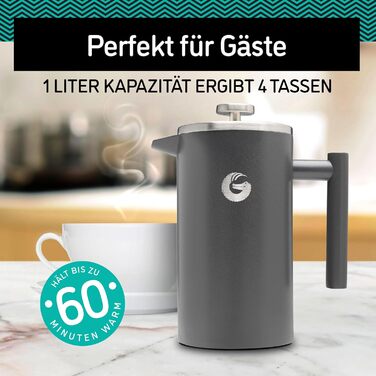 Кавоварка Coffee Gator French Press - Термос з нержавіючої сталі для довшої гарячої кави - 1 літр - сірий - Включає каністру для кави для подорожей