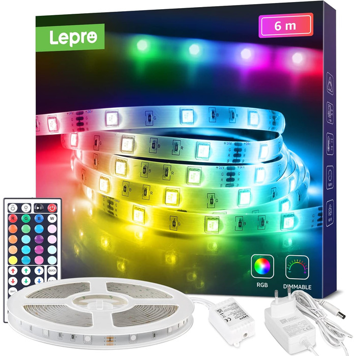 Світлодіодна стрічка Lepro 6M, RGB світлодіодна стрічка самоклеюча 5050 SMD, світлодіодна стрічка 24 В постійного струму, світлодіодна стрічка IP20, світлодіодна стрічка з регулюванням яскравості за допомогою блоку живлення Контролер дистанційного керуван