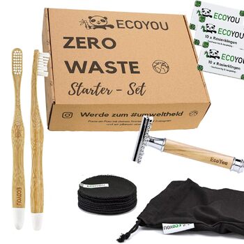 Подарунковий набір для ванної кімнати EcoYou Zero Waste Set - Високоякісна безпечна бритва з оливкової деревини, подушечки для зняття макіяжу, що миються, 2 бамбукові зубні щітки та леза для бритви - у подарунковій упаковці